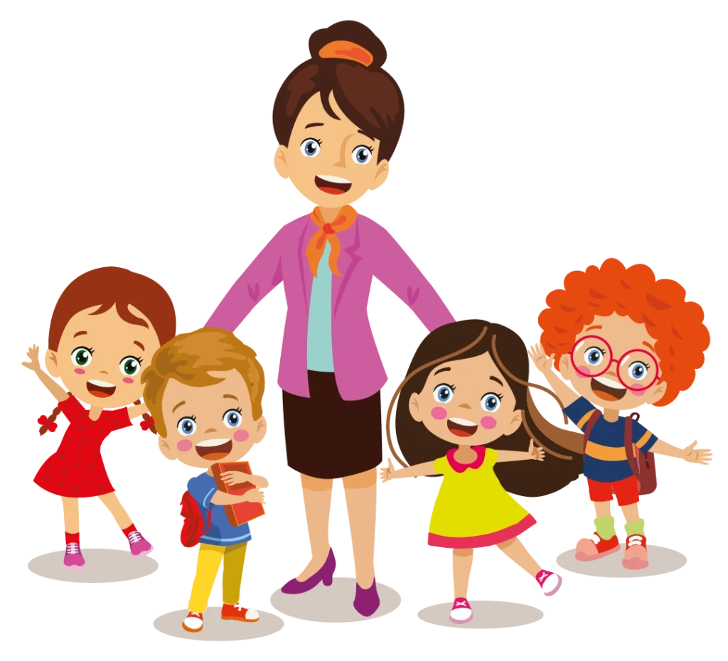 Opiekun w różowym żakiecie otoczony przez czworo uśmiechniętych dzieci w różnym wieku. Dzieci trzymają plecaki i książki, wyglądają na radosne i gotowe do zabawy lub nauki. Scena przedstawia przyjazne i pozytywne środowisko w żłobku.
