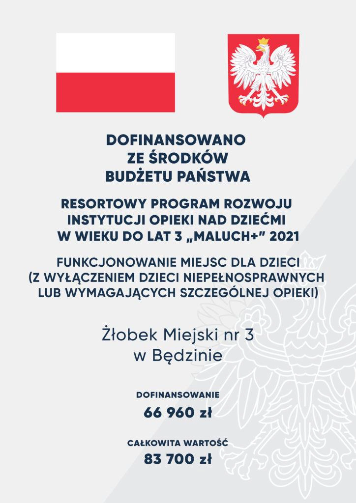 Plakat informujący o dofinansowaniu z budżetu państwa w ramach Resortowego Programu Rozwoju Instytucji Opieki nad Dziećmi w wieku do lat 3 Maluch+ 2021. Na plakacie znajdują się symbole Polski: flaga i godło. Informacja dotyczy Żłobka Miejskiego nr 3 w Będzinie, który otrzymał dofinansowanie w wysokości 66 960 zł, a całkowita wartość projektu wynosi 83 700 zł.