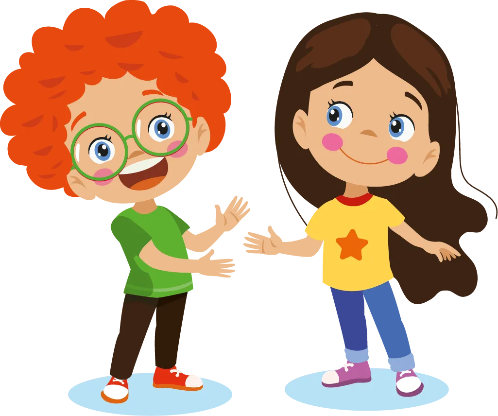Ilustracja przedstawia dwoje uśmiechniętych dzieci. Chłopiec z zielonymi okularami ubrany w zieloną koszulkę i ciemne spodnie, obok dziewczynka z ciemnymi włosami, w żółtej koszulce z pomarańczową gwiazdką i niebieskich spodniach. Oboje wyglądają radośnie i przyjaźnie.