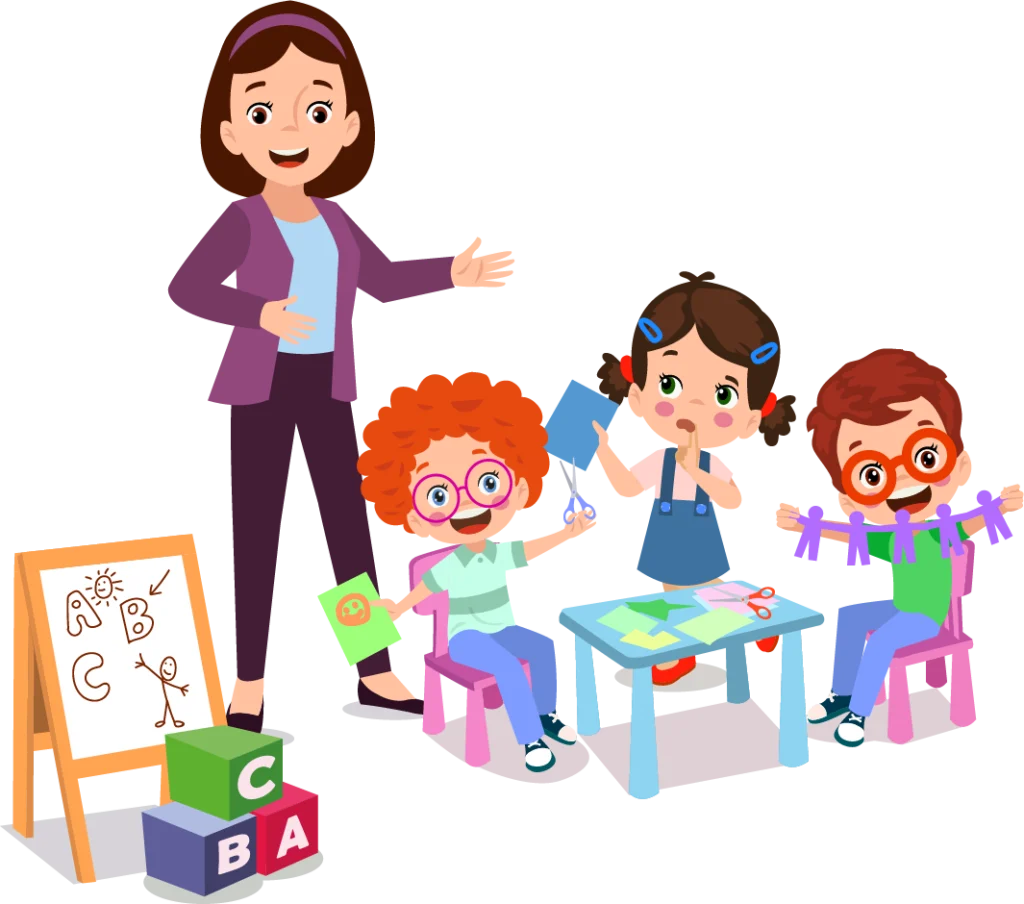 Opiekun stojący obok trojga dzieci siedzących przy stole, zajętych wycinaniem i rysowaniem. W tle widoczna tablica z rysunkami liter i postaci, a obok klocki z literami A, B, C. Scena przedstawia kreatywne zajęcia w żłobku.