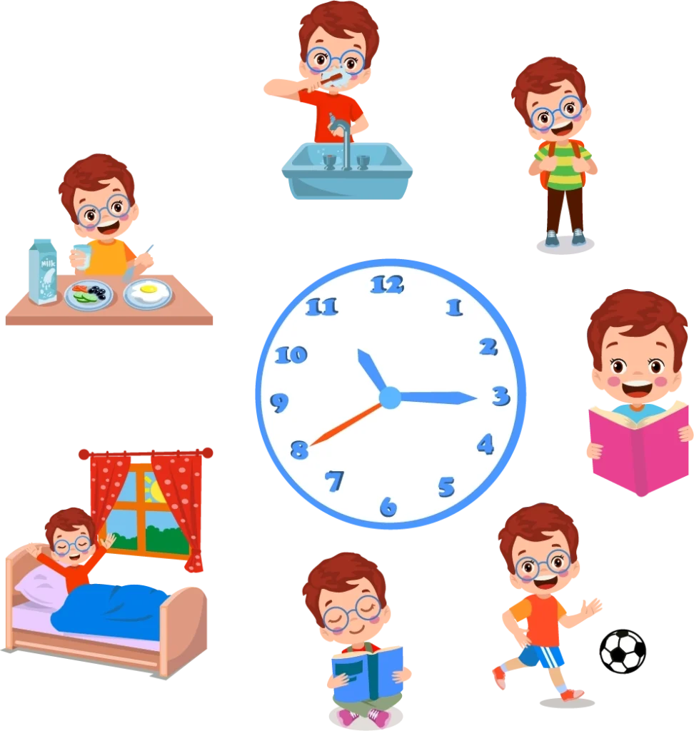 Ilustracja przedstawiająca plan dnia chłopca w okularach. Chłopiec wykonuje różne czynności, takie jak mycie zębów, jedzenie śniadania, czytanie książek, granie w piłkę, a także odpoczynek w łóżku. Centralnie widoczny duży zegar, symbolizujący upływ czasu.