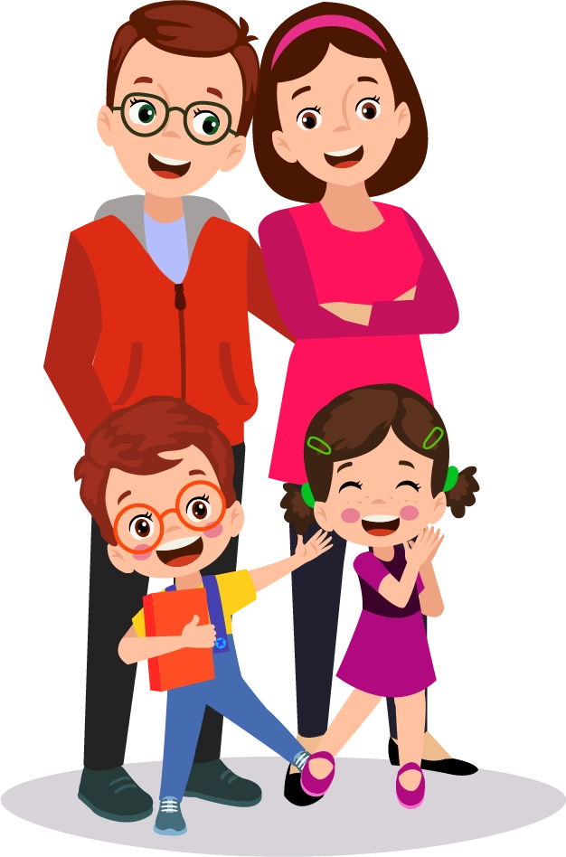 Ilustracja uśmiechniętej rodziny: rodzice stoją w tle, a dwójka dzieci wesoło pozuje na pierwszym planie. Chłopiec z plecakiem trzyma książkę, a dziewczynka radośnie się śmieje.