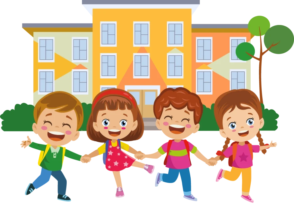 Ilustracja przedstawia grupę czworga radosnych dzieci z plecakami na tle kolorowego budynku, przypominającego Żłobek Miejski nr 3 w Będzinie. W tle widoczne są drzewa i zieleń.