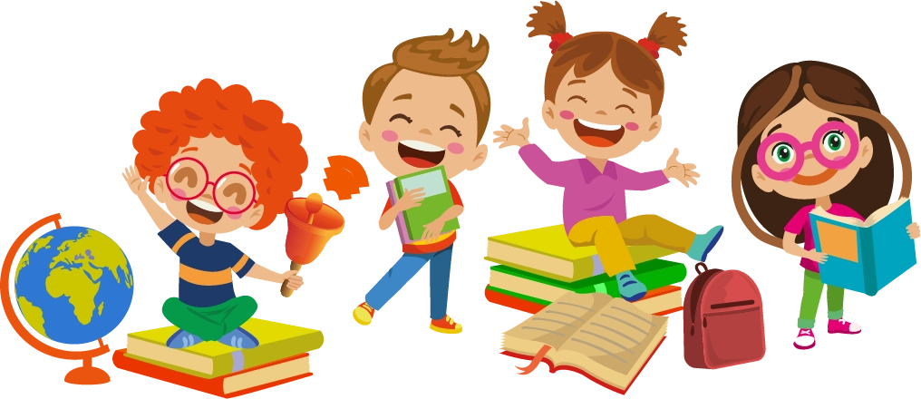 Ilustracja przedstawia czworo uśmiechniętych dzieci siedzących na kolorowych książkach i otwartych zeszytach. Dzieci mają przy sobie globus, plecak i czytają książki, symbolizując naukę i edukację w radosnej atmosferze.