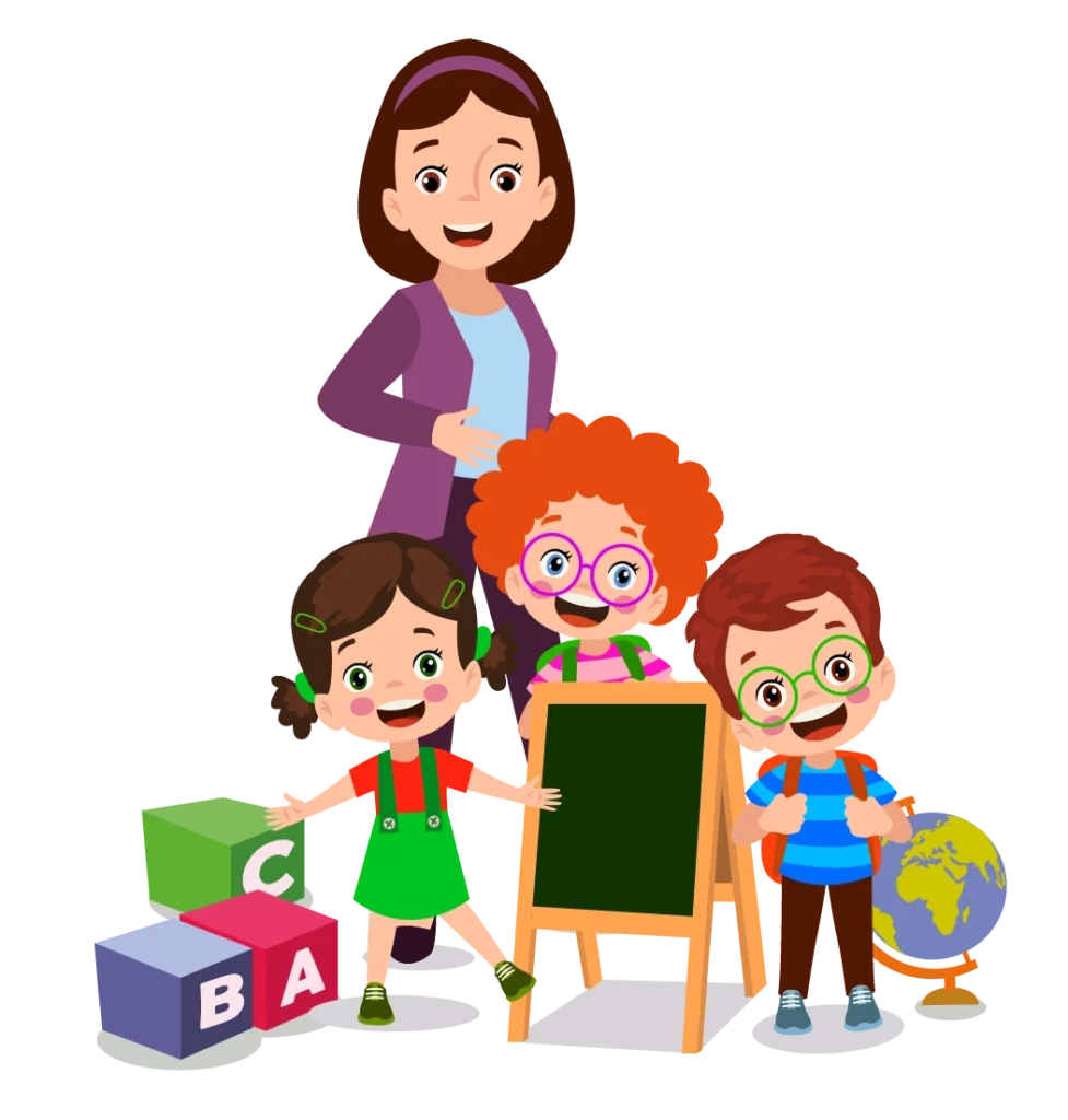 Uśmiechnięty opiekun, stojący za trójką dzieci, które bawią się przy tablicy i klockach z literami. Dzieci są radosne, w różnorodnych strojach i z plecakami, a w tle widoczny jest globus. Scena symbolizuje edukację, kreatywność i naukę przez zabawę w przyjaznym środowisku.